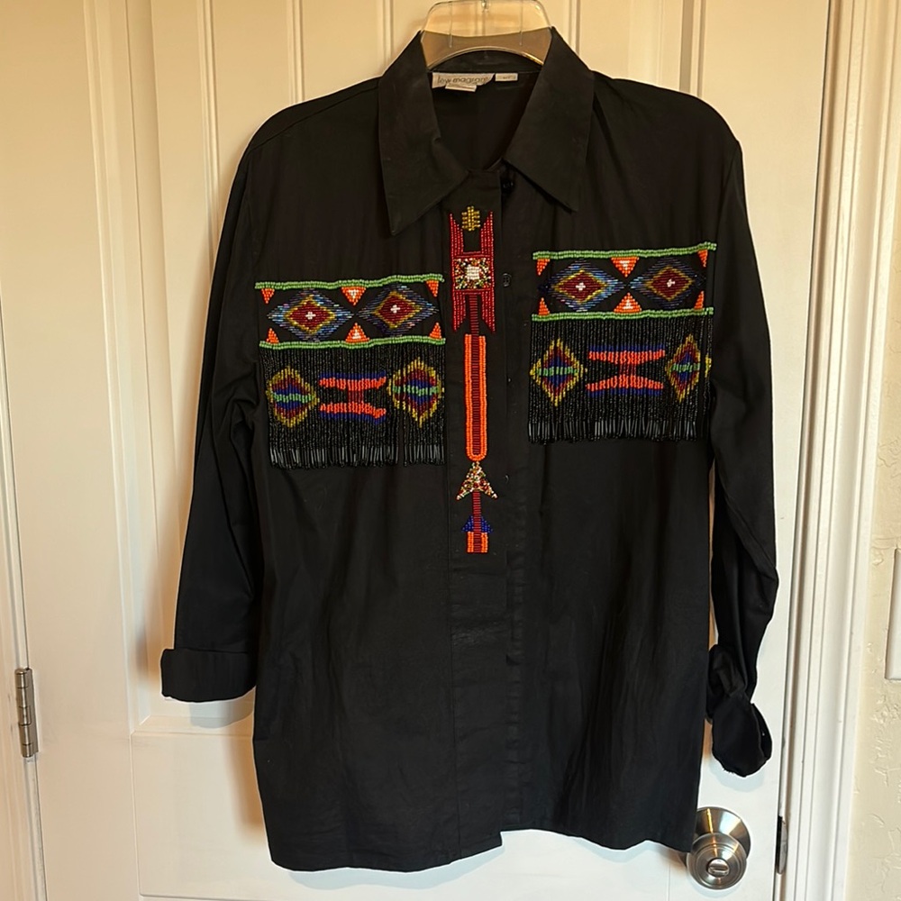 Black Button-Down Shirt with Multicolor Beaded Embellishment
